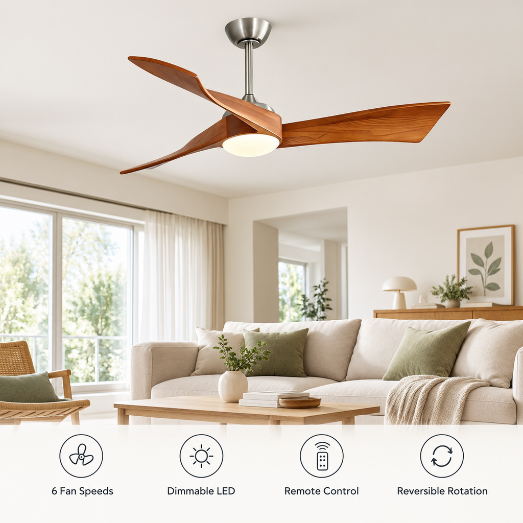 52 Inch Inverter DC Motor Ceiling Fan with Light and Remote Modern 3 Solid Wood Blades Ceiling Fan, 6 Speeds 5500CFM - Fonctionnalitées