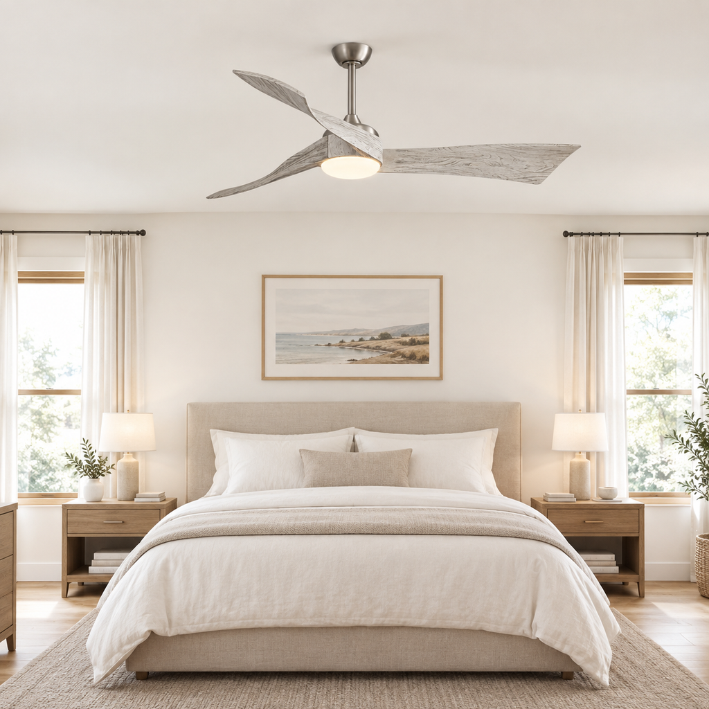 52 Inch Inverter DC Motor Ceiling Fan with Light and Remote Modern 3 Solid Wood Blades Ceiling Fan, 6 Speeds 5500CFM - Chambre