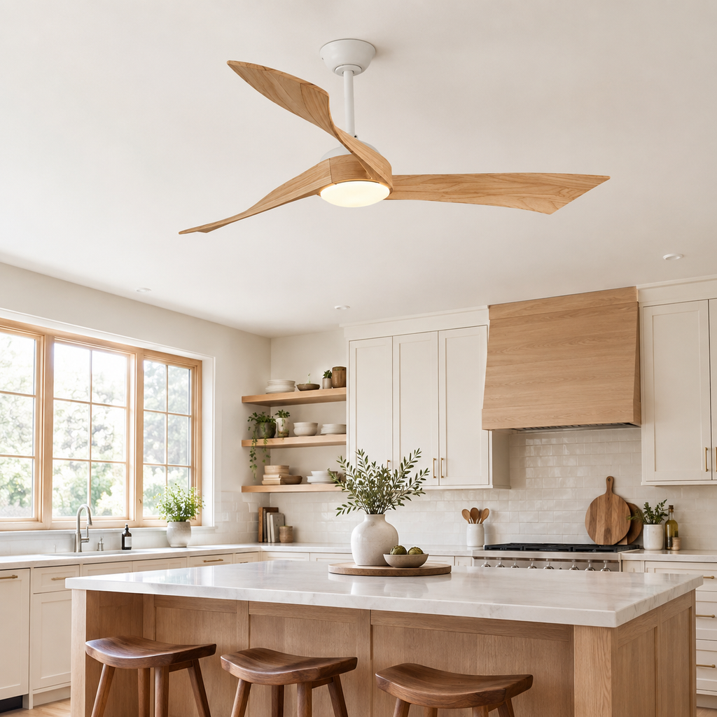 52 Inch Inverter DC Motor Ceiling Fan with Light and Remote Modern 3 Solid Wood Blades Ceiling Fan, 6 Speeds 5500CFM - Cuisine