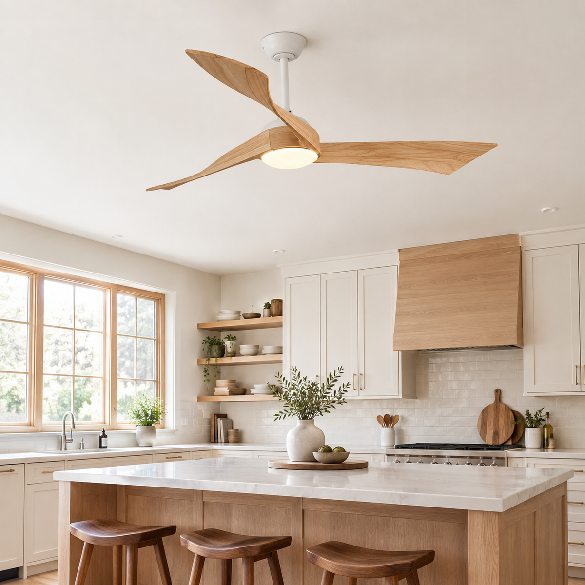 52 Inch Inverter DC Motor Ceiling Fan with Light and Remote Modern 3 Solid Wood Blades Ceiling Fan, 6 Speeds 5500CFM - Cuisine