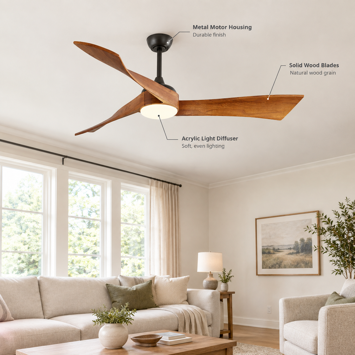 52 Inch Inverter DC Motor Ceiling Fan with Light and Remote Modern 3 Solid Wood Blades Ceiling Fan, 6 Speeds 5500CFM - Specs