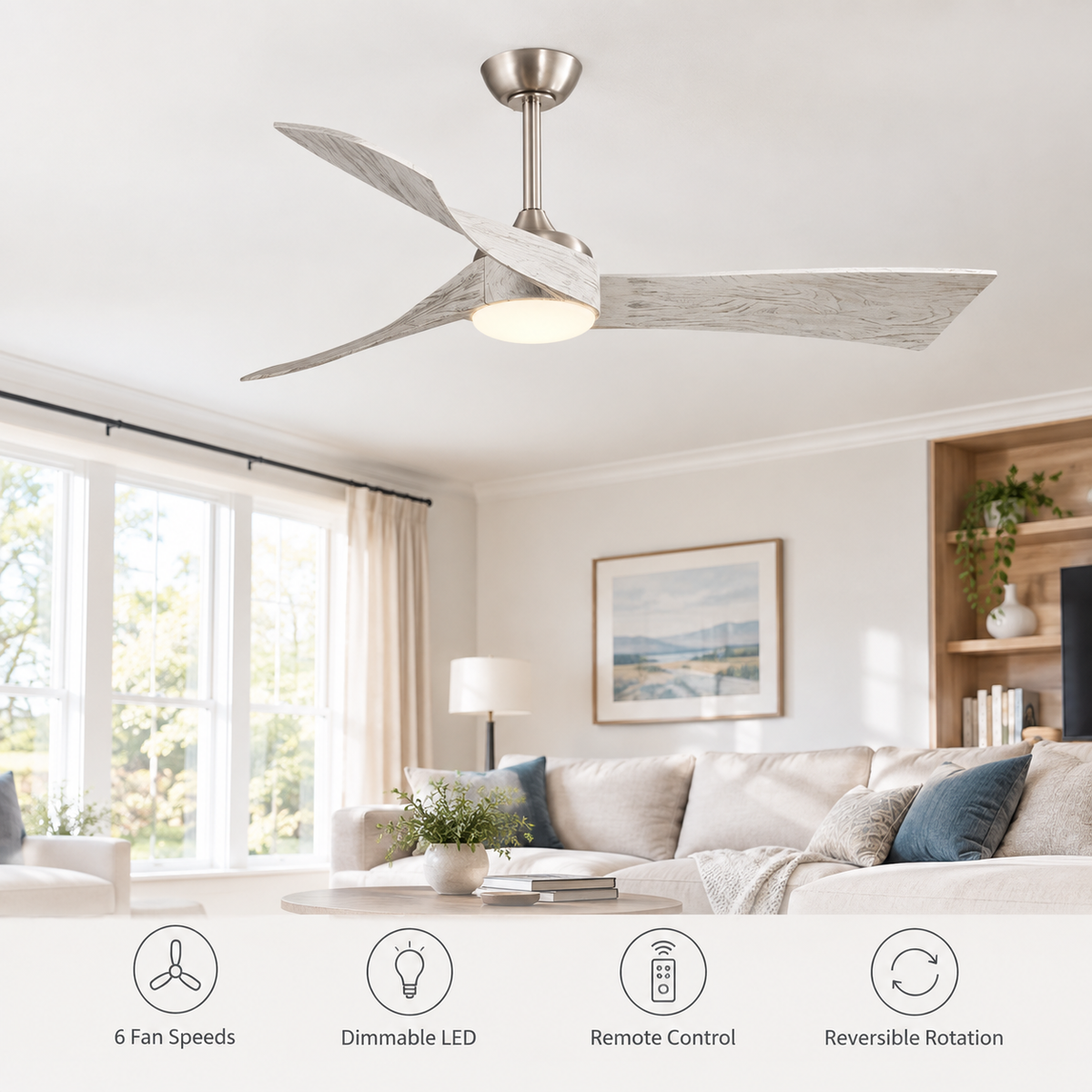 52 Inch Inverter DC Motor Ceiling Fan with Light and Remote Modern 3 Solid Wood Blades Ceiling Fan, 6 Speeds 5500CFM - Fonctionnalitées