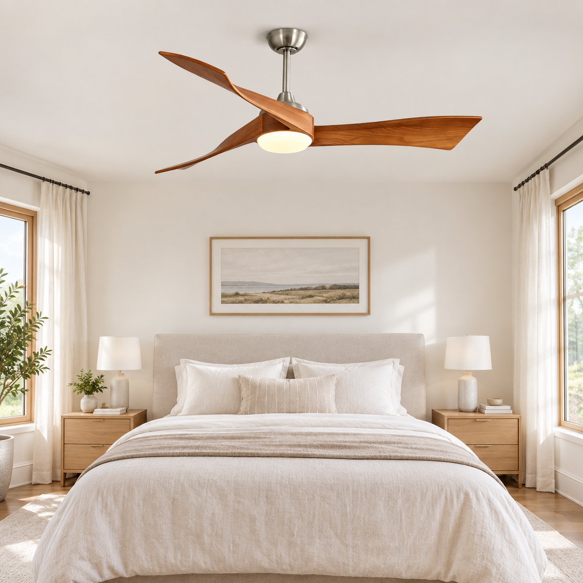 52 Inch Inverter DC Motor Ceiling Fan with Light and Remote Modern 3 Solid Wood Blades Ceiling Fan, 6 Speeds 5500CFM - Chambre