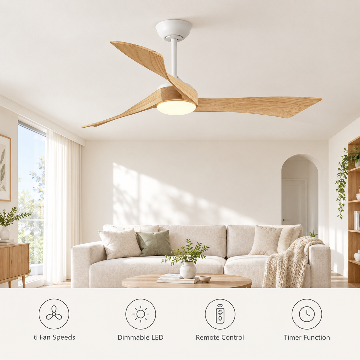 52 Inch Inverter DC Motor Ceiling Fan with Light and Remote Modern 3 Solid Wood Blades Ceiling Fan, 6 Speeds 5500CFM - Fonctionnalitées