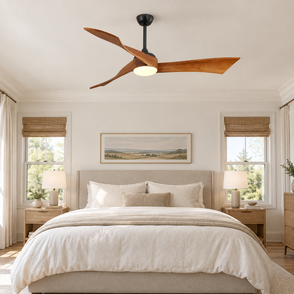52 Inch Inverter DC Motor Ceiling Fan with Light and Remote Modern 3 Solid Wood Blades Ceiling Fan, 6 Speeds 5500CFM - Chambre