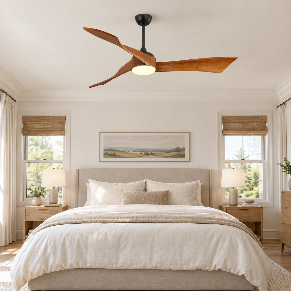 52 Inch Inverter DC Motor Ceiling Fan with Light and Remote Modern 3 Solid Wood Blades Ceiling Fan, 6 Speeds 5500CFM - Chambre