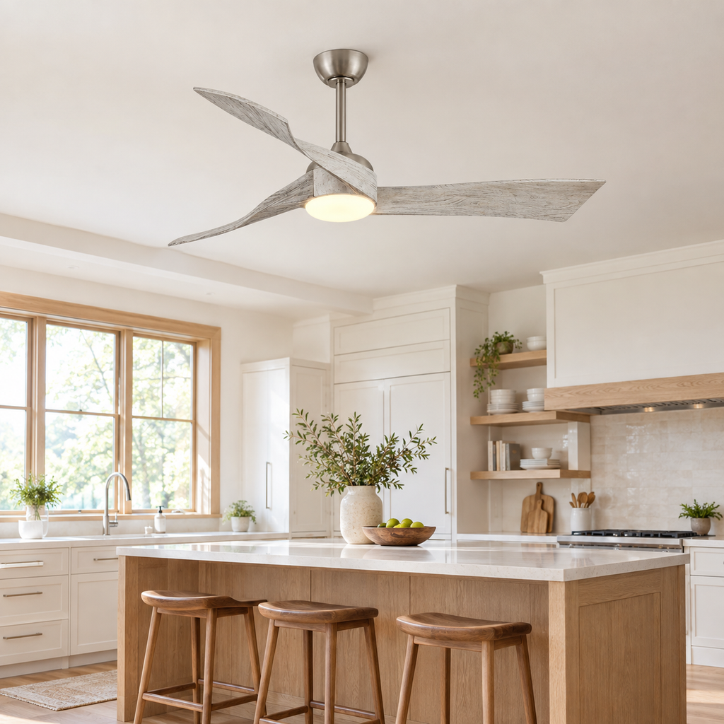 52 Inch Inverter DC Motor Ceiling Fan with Light and Remote Modern 3 Solid Wood Blades Ceiling Fan, 6 Speeds 5500CFM - Cuisine
