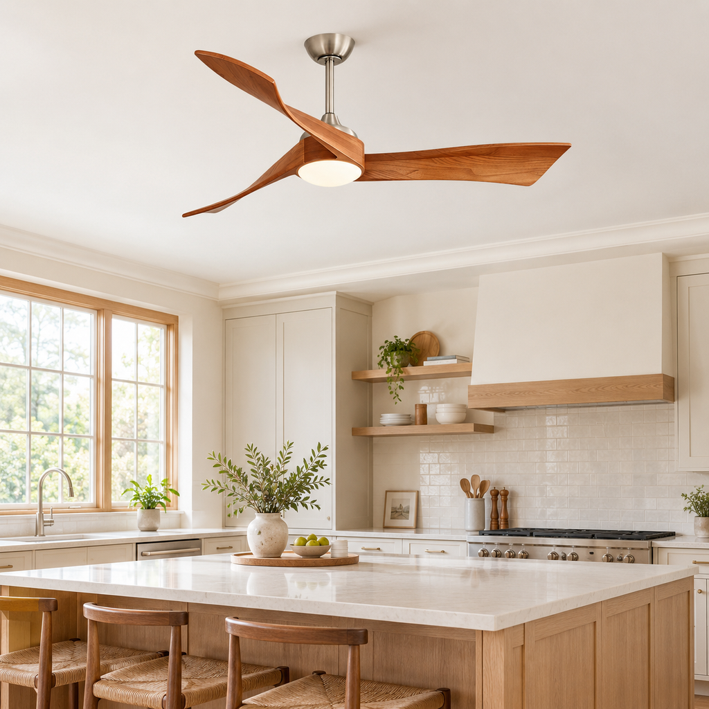52 Inch Inverter DC Motor Ceiling Fan with Light and Remote Modern 3 Solid Wood Blades Ceiling Fan, 6 Speeds 5500CFM - Cuisine
