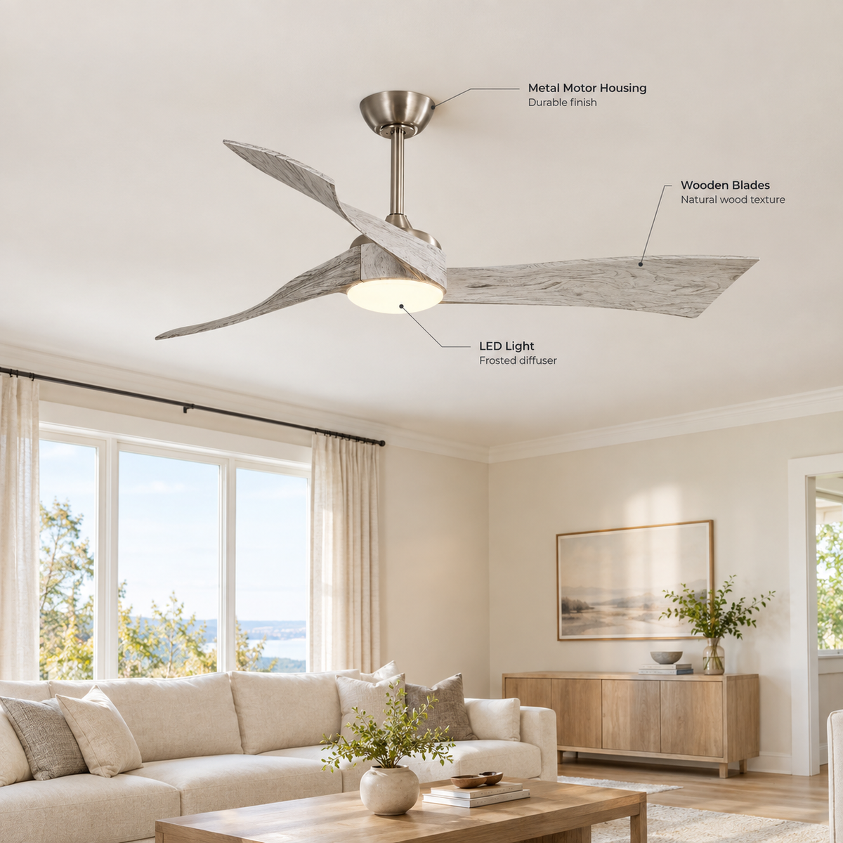 52 Inch Inverter DC Motor Ceiling Fan with Light and Remote Modern 3 Solid Wood Blades Ceiling Fan, 6 Speeds 5500CFM - Specs