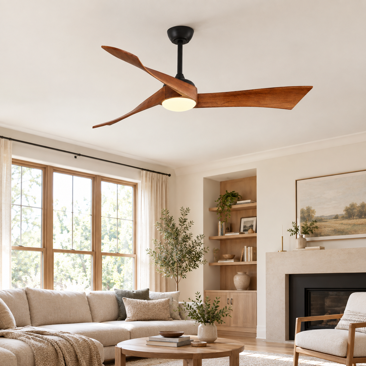 52 Inch Inverter DC Motor Ceiling Fan with Light and Remote Modern 3 Solid Wood Blades Ceiling Fan, 6 Speeds 5500CFM - Salon