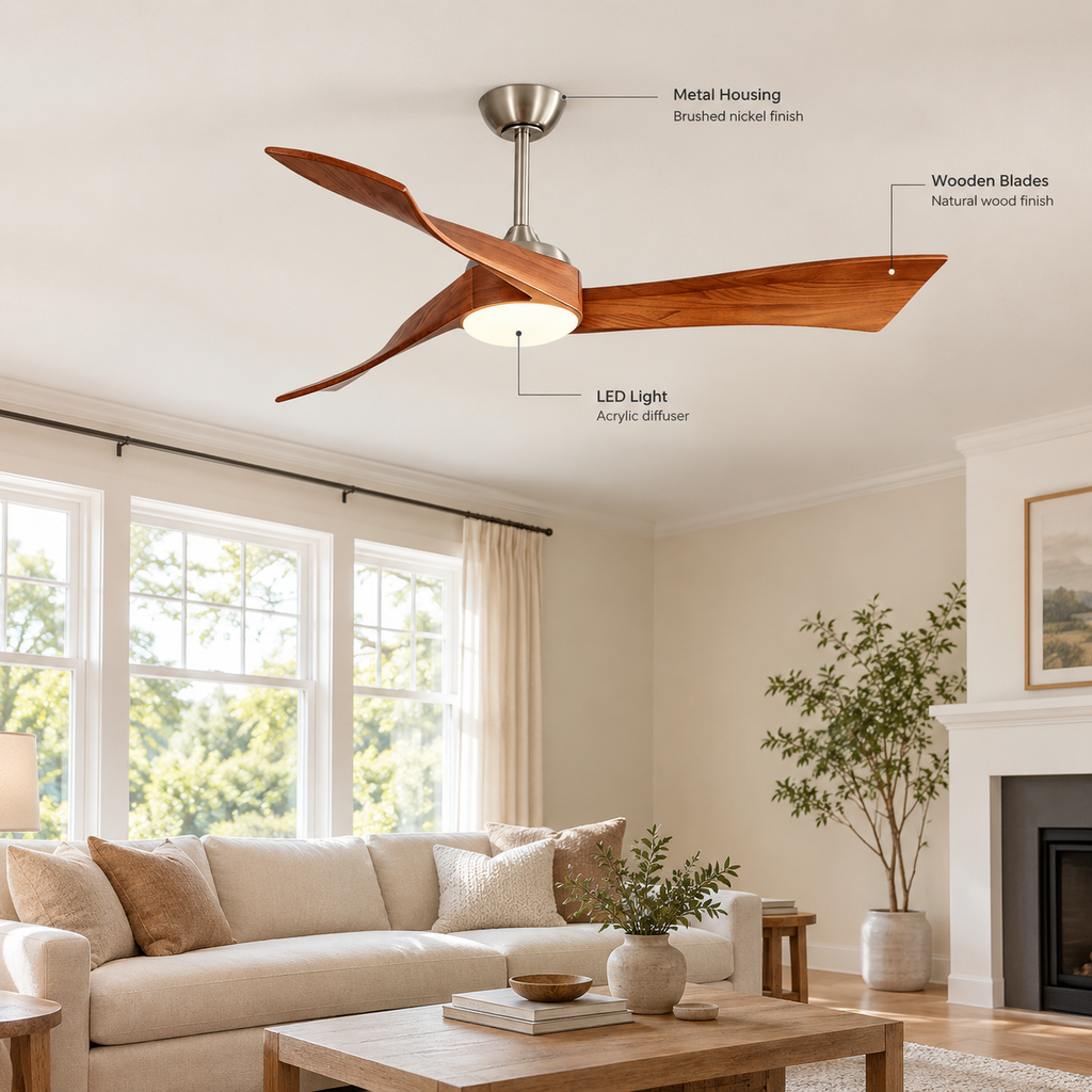 52 Inch Inverter DC Motor Ceiling Fan with Light and Remote Modern 3 Solid Wood Blades Ceiling Fan, 6 Speeds 5500CFM - Specs