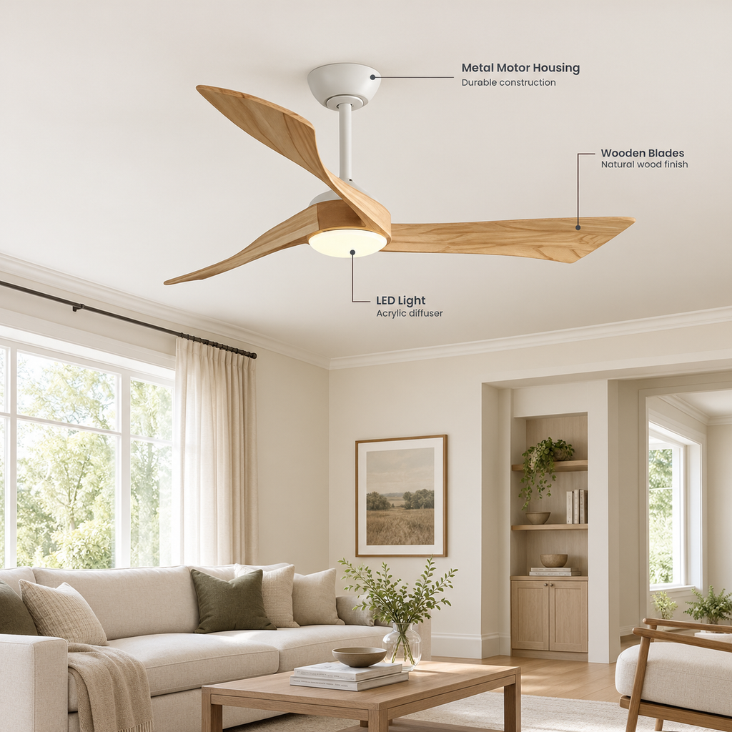 52 Inch Inverter DC Motor Ceiling Fan with Light and Remote Modern 3 Solid Wood Blades Ceiling Fan, 6 Speeds 5500CFM - Specs