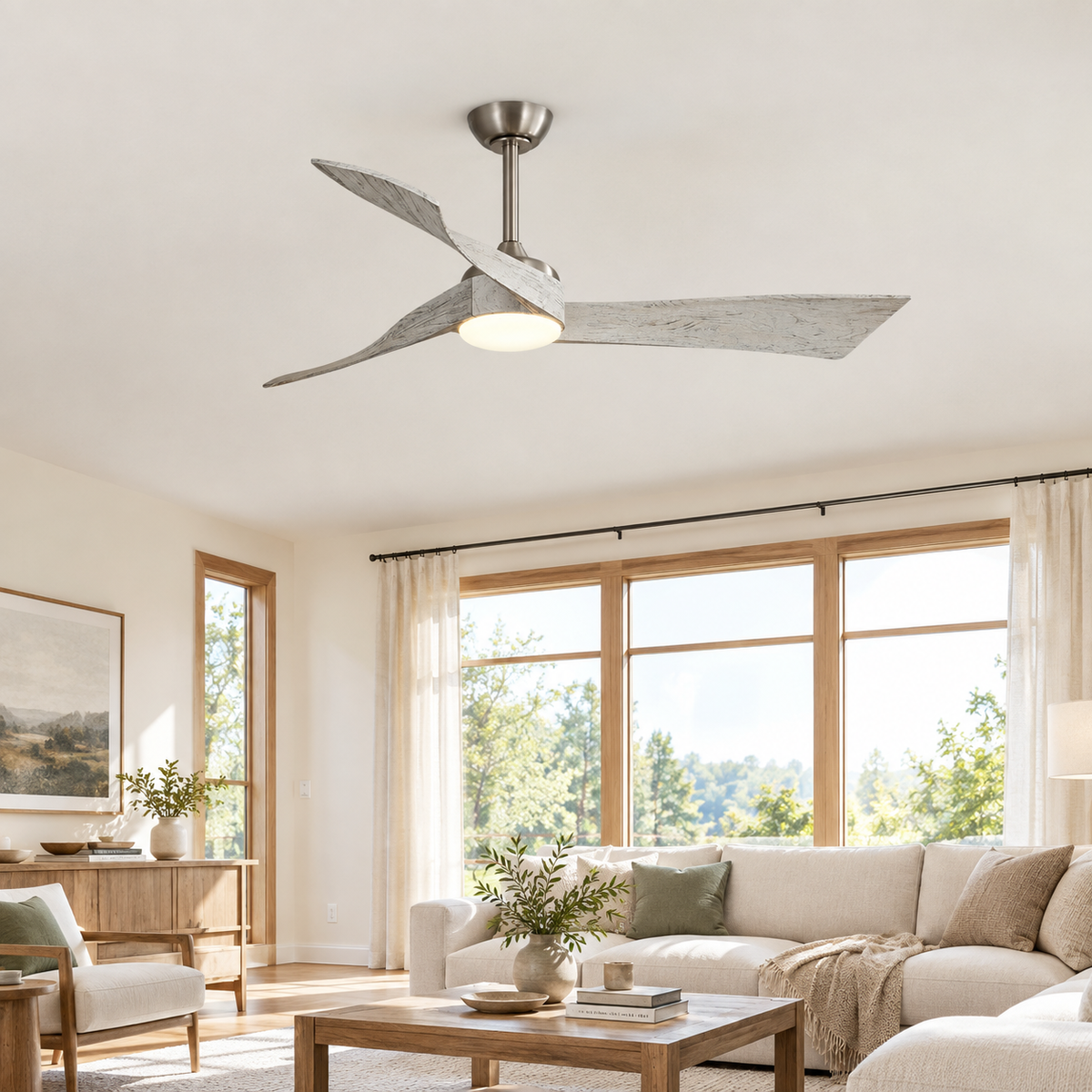 52 Inch Inverter DC Motor Ceiling Fan with Light and Remote Modern 3 Solid Wood Blades Ceiling Fan, 6 Speeds 5500CFM - Salon