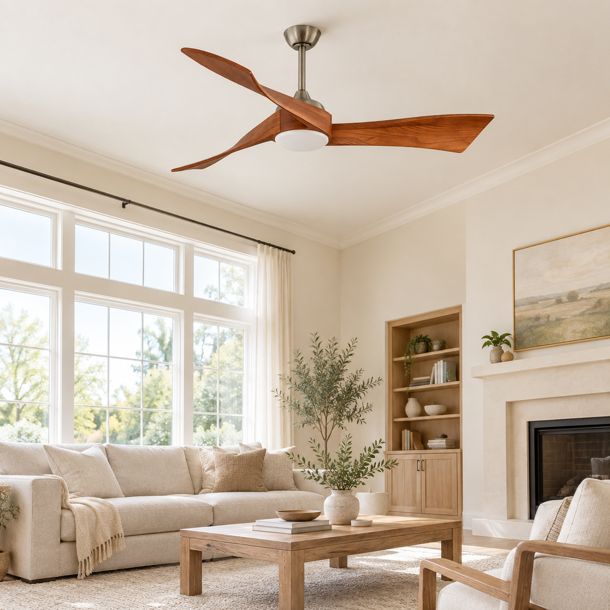 52 Inch Inverter DC Motor Ceiling Fan with Light and Remote Modern 3 Solid Wood Blades Ceiling Fan, 6 Speeds 5500CFM - Image 1 Image