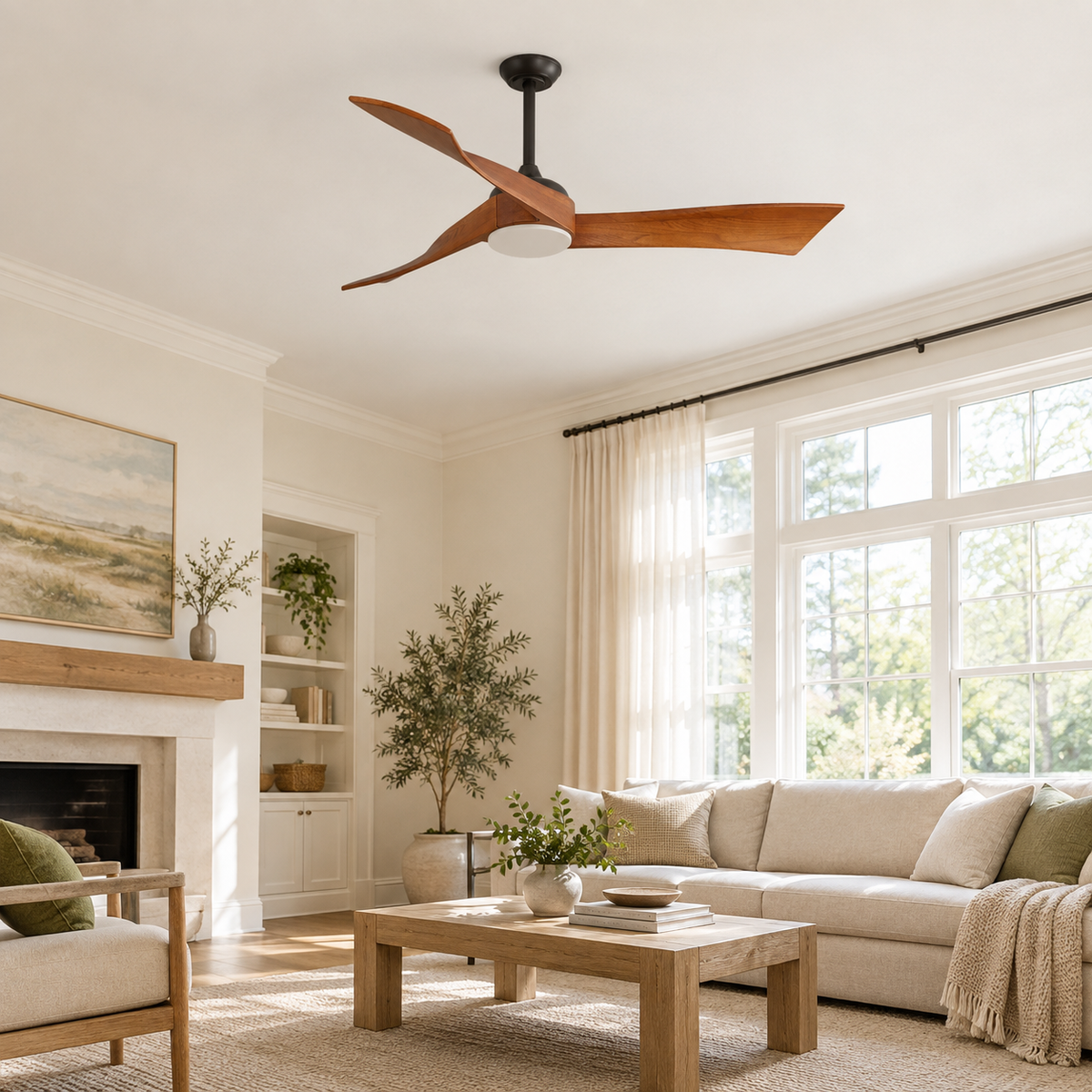 52 Inch Inverter DC Motor Ceiling Fan with Light and Remote Modern 3 Solid Wood Blades Ceiling Fan, 6 Speeds 5500CFM - Image 1 Image