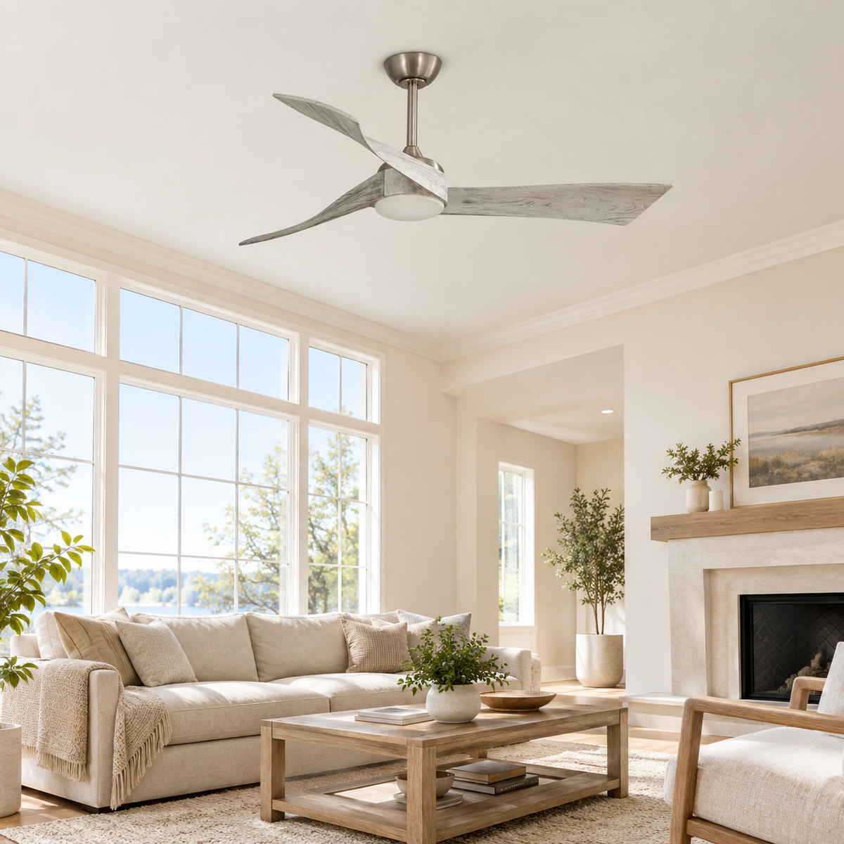 52 Inch Inverter DC Motor Ceiling Fan with Light and Remote Modern 3 Solid Wood Blades Ceiling Fan, 6 Speeds 5500CFM - Image 1 Image