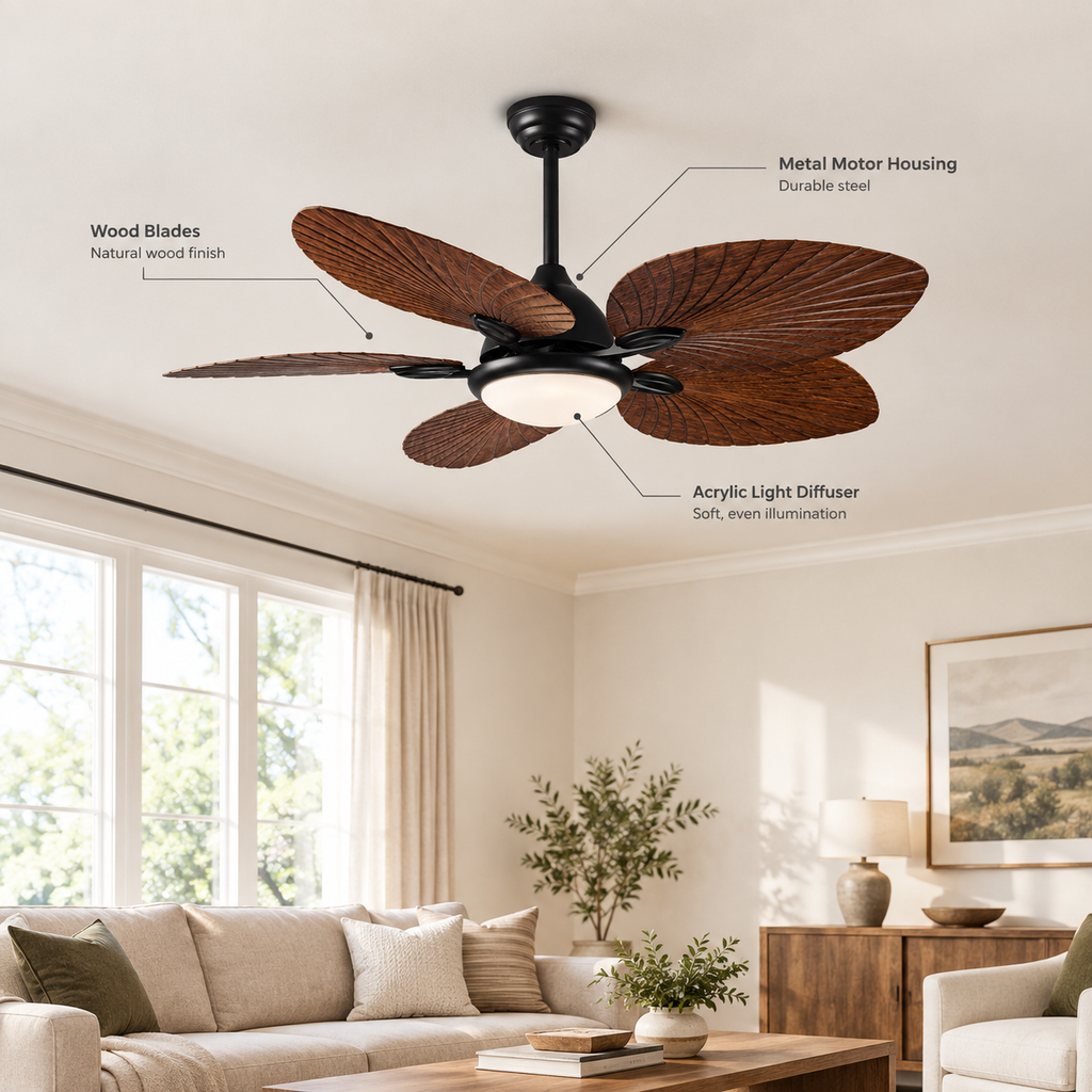 52in Industrial Ceiling Fan with Light with Remote Vintage Ceiling Fan Lamp with 5 Blades for Kitchen Dining Room Living Room - Specs