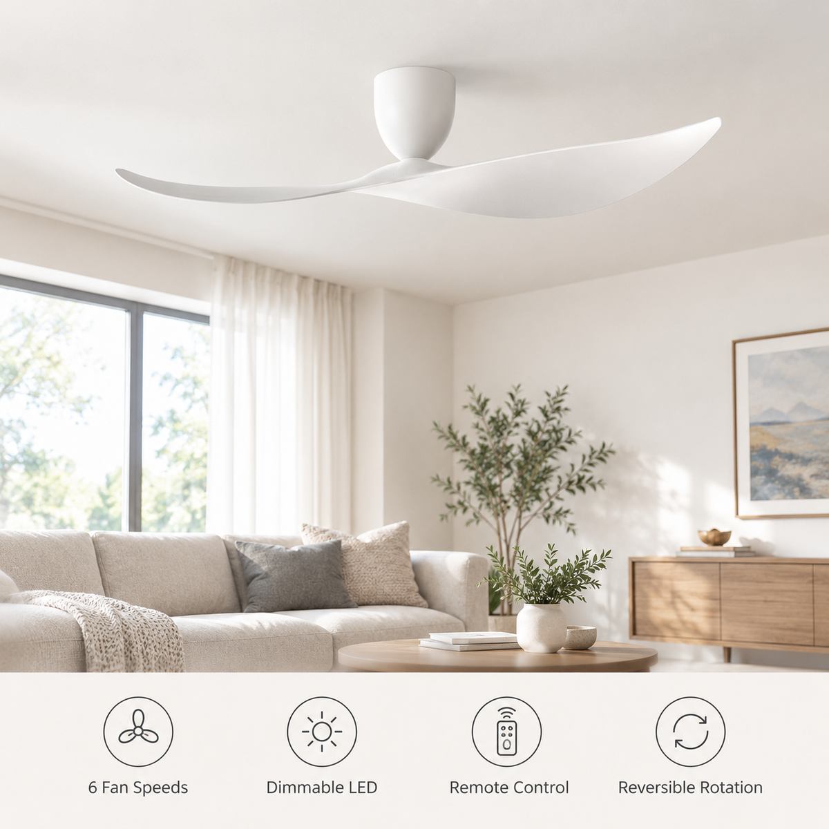 FUMANJIA 52 inch Ceiling Fan No Light  DC Motor 6-Speed Remote Control 2-Blade for Indoor Home Office Summer Winter Reversible - Fonctionnalitées