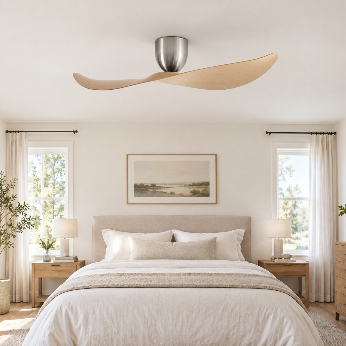 FUMANJIA 52 inch Ceiling Fan No Light  DC Motor 6-Speed Remote Control 2-Blade for Indoor Home Office Summer Winter Reversible - Chambre