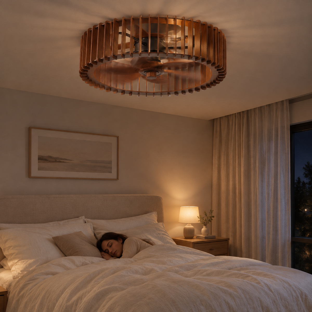 Scandinavian Ceiling Fan Pendant Light Wabi-Sabi Wooden Retro Creative Bedroom Wood Craft Pumpkin Ceiling Fan Light Fixture - Image 2 Image
