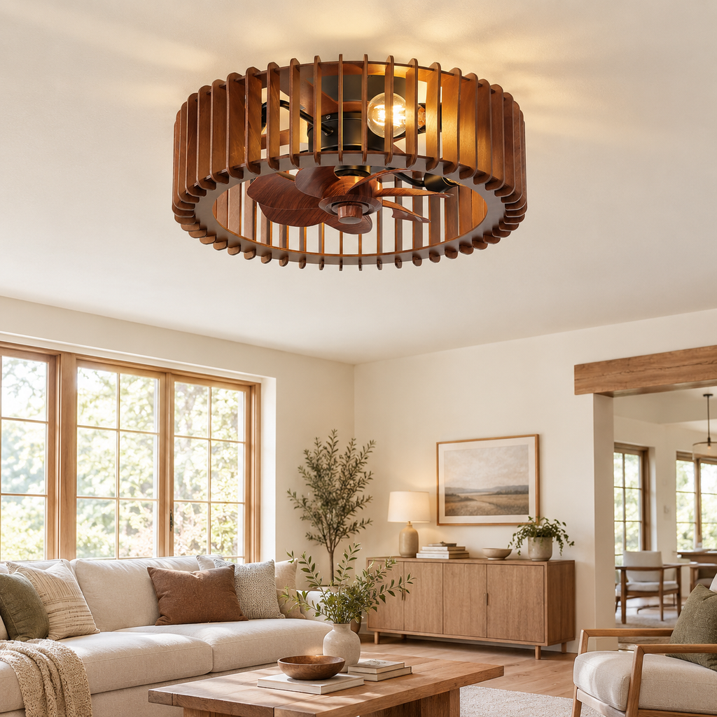Scandinavian Ceiling Fan Pendant Light Wabi-Sabi Wooden Retro Creative Bedroom Wood Craft Pumpkin Ceiling Fan Light Fixture - Salon