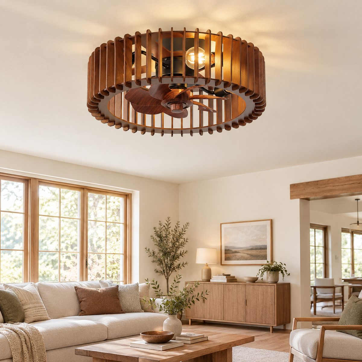 Scandinavian Ceiling Fan Pendant Light Wabi-Sabi Wooden Retro Creative Bedroom Wood Craft Pumpkin Ceiling Fan Light Fixture - Salon