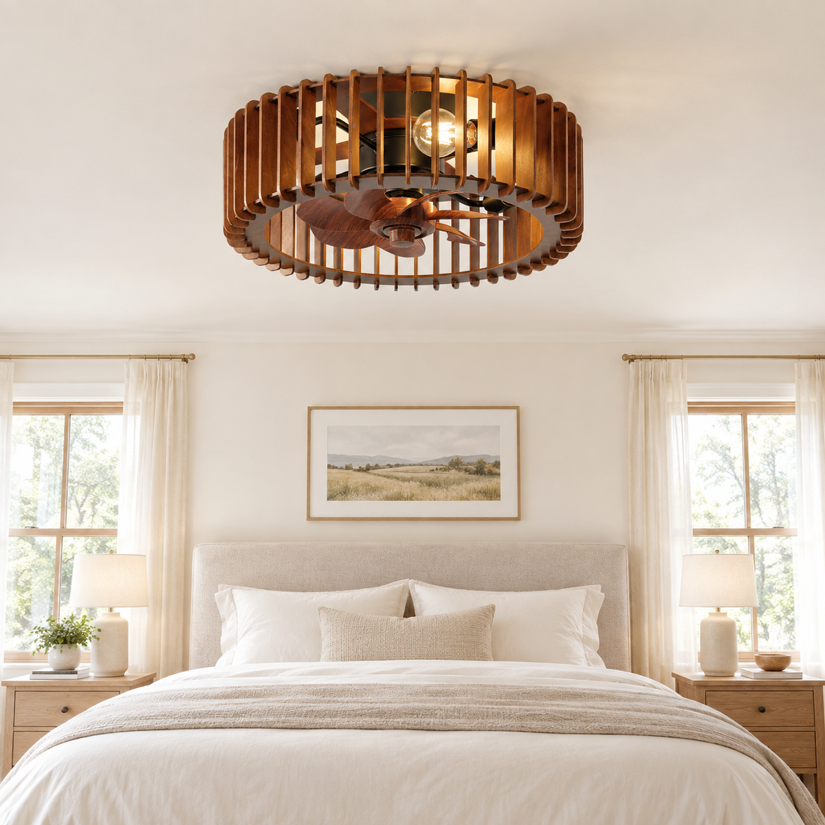 Scandinavian Ceiling Fan Pendant Light Wabi-Sabi Wooden Retro Creative Bedroom Wood Craft Pumpkin Ceiling Fan Light Fixture - Chambre