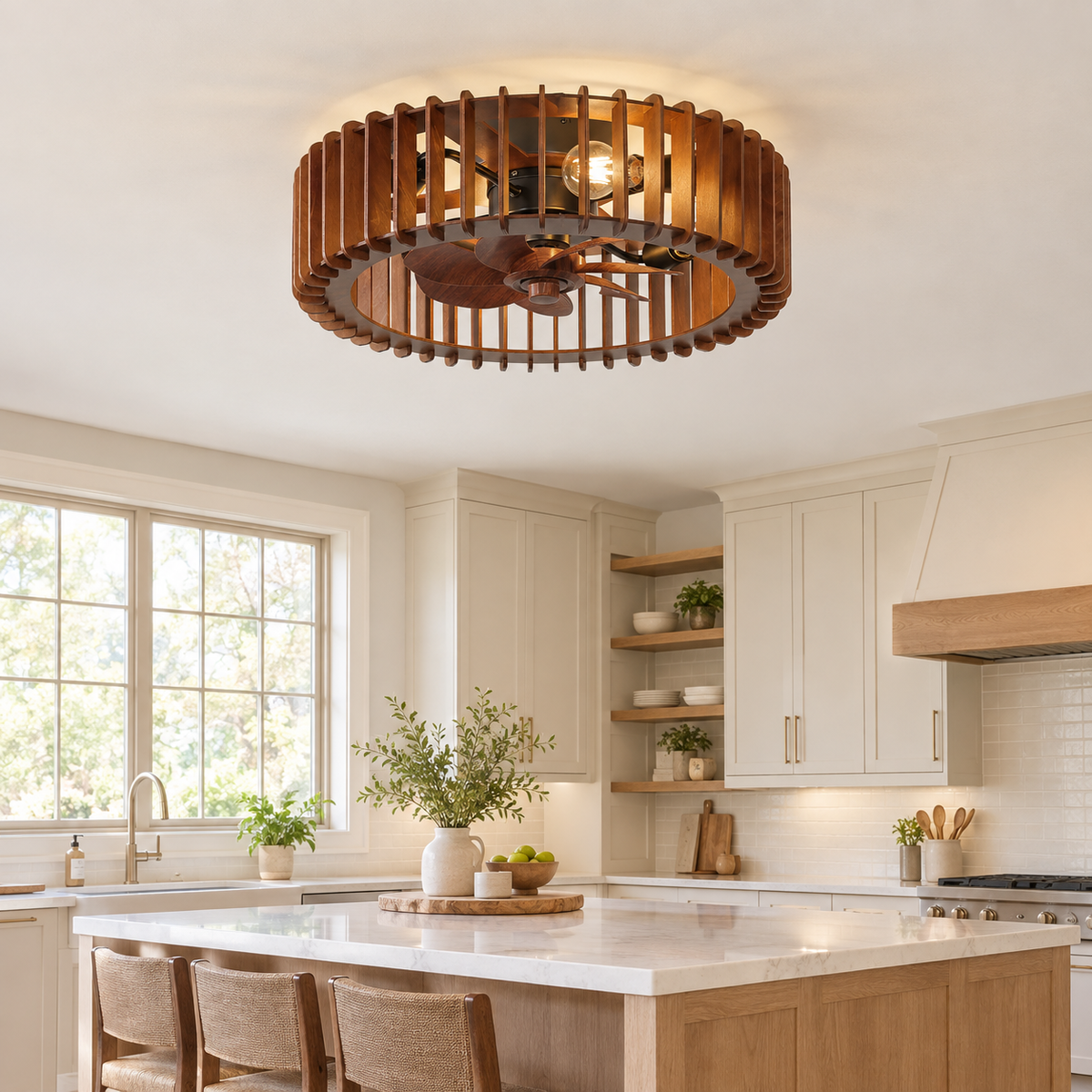 Scandinavian Ceiling Fan Pendant Light Wabi-Sabi Wooden Retro Creative Bedroom Wood Craft Pumpkin Ceiling Fan Light Fixture - Cuisine