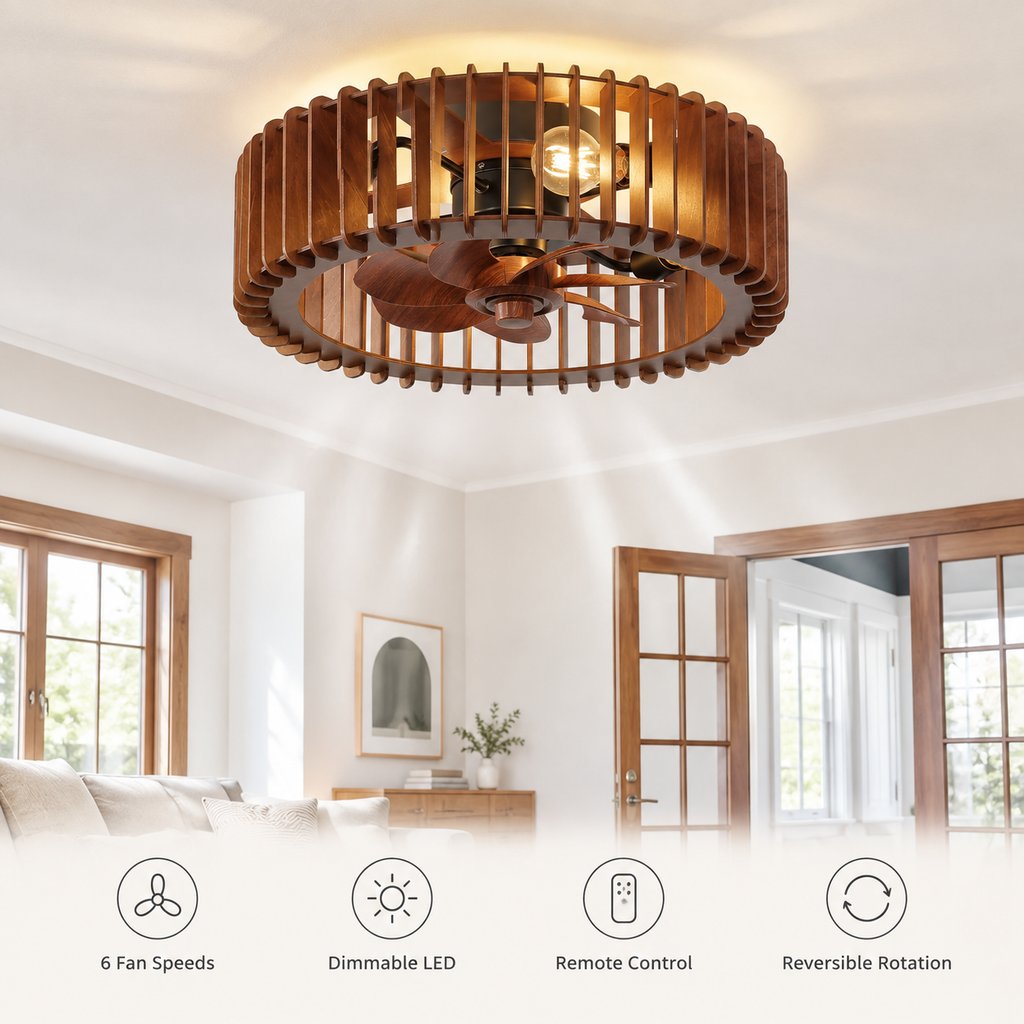 Scandinavian Ceiling Fan Pendant Light Wabi-Sabi Wooden Retro Creative Bedroom Wood Craft Pumpkin Ceiling Fan Light Fixture - Fonctionnalitées
