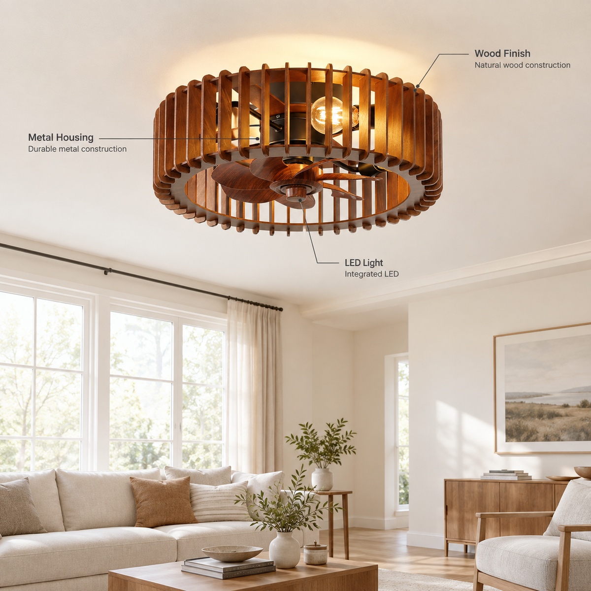 Scandinavian Ceiling Fan Pendant Light Wabi-Sabi Wooden Retro Creative Bedroom Wood Craft Pumpkin Ceiling Fan Light Fixture - Specs