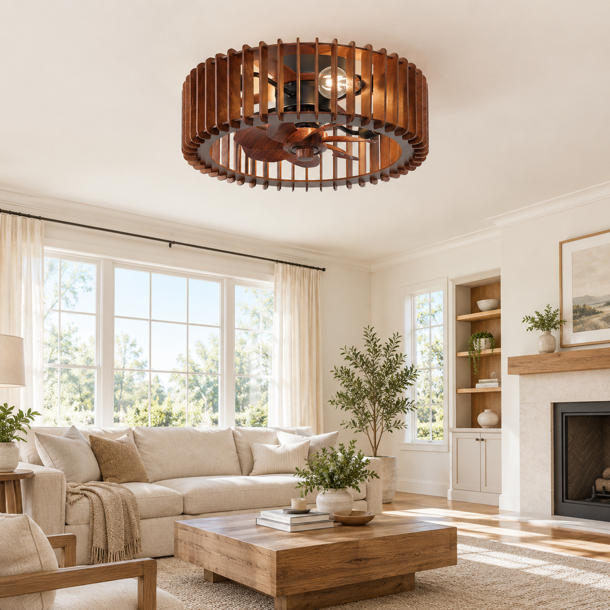 Scandinavian Ceiling Fan Pendant Light Wabi-Sabi Wooden Retro Creative Bedroom Wood Craft Pumpkin Ceiling Fan Light Fixture - Image 1 Image