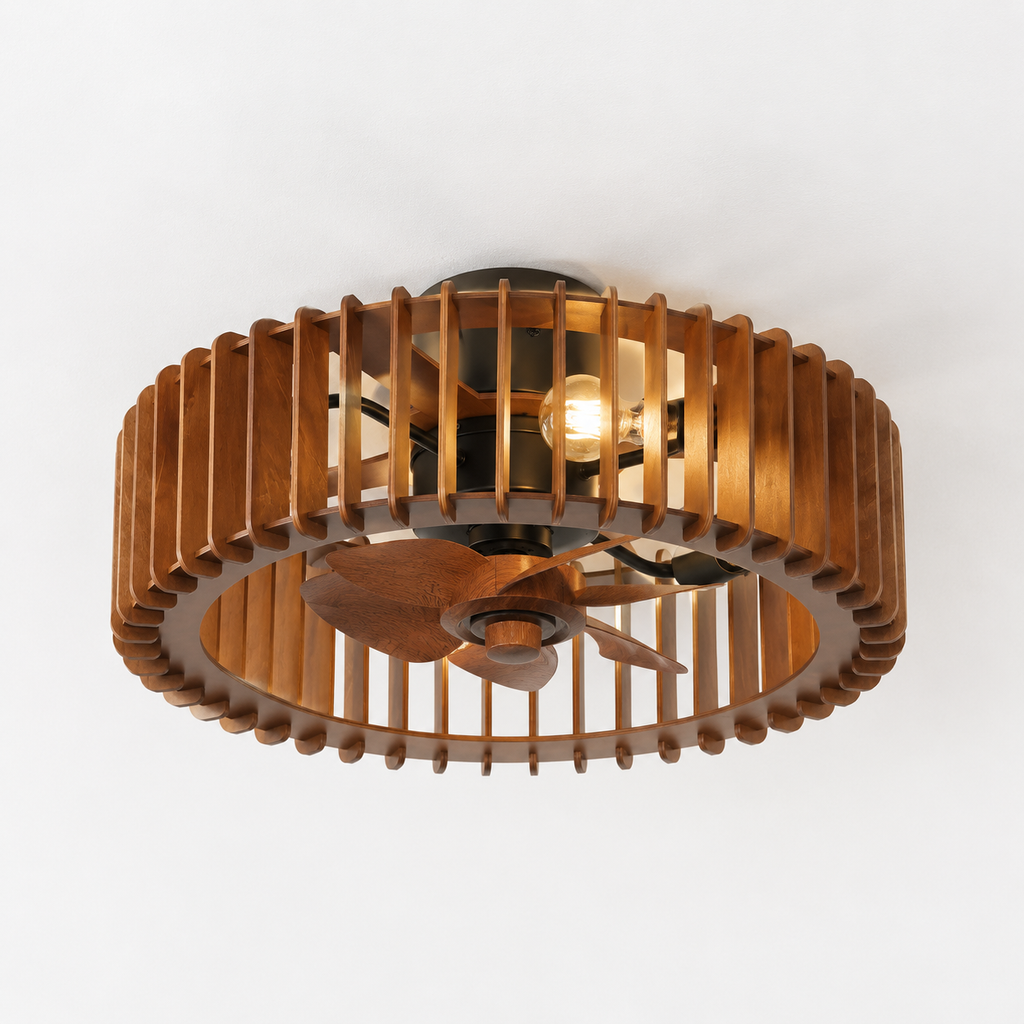 Scandinavian Ceiling Fan Pendant Light Wabi-Sabi Wooden Retro Creative Bedroom Wood Craft Pumpkin Ceiling Fan Light Fixture - Packshot